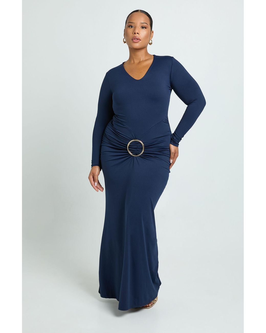 Boohoo Blue Plus Ruched Long Sleeve Trim Maxi Dress