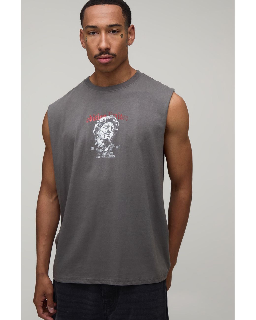 BoohooMAN Gray Oversized Renaissance Micro Print Tank Cotton for men