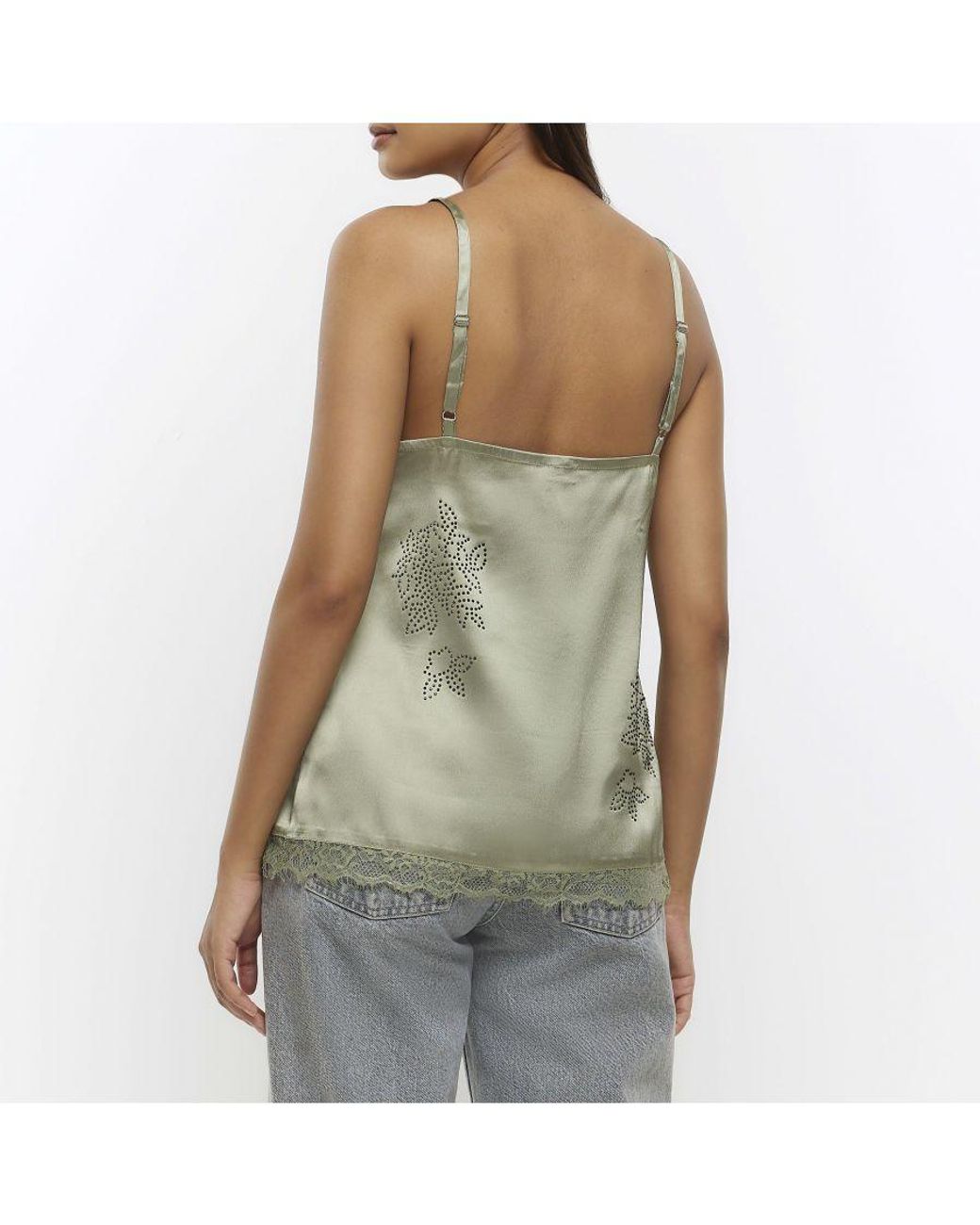 River Island Green Cami Top Satin Diamante