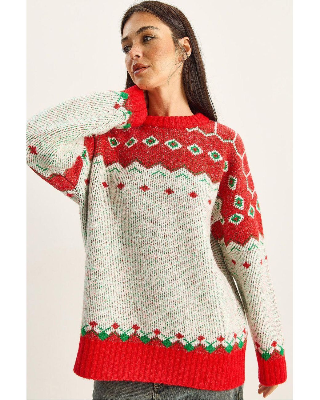 Bianco Lucci Red Oversized Geometric Knit Sweater
