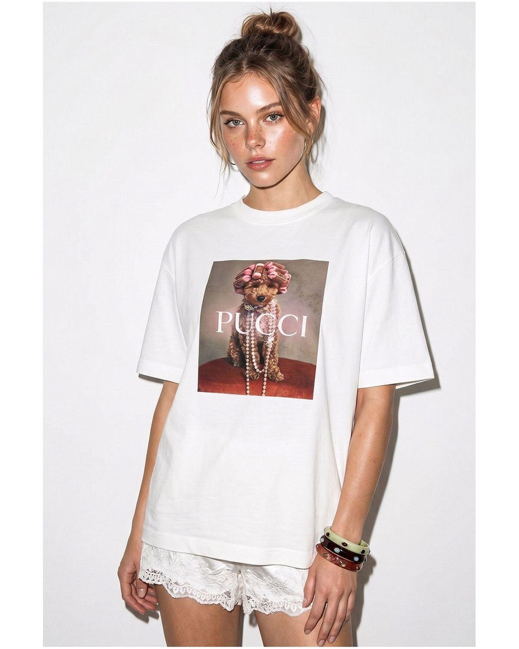 Bianco Lucci White Oversized Printed Cotton T-Shirt