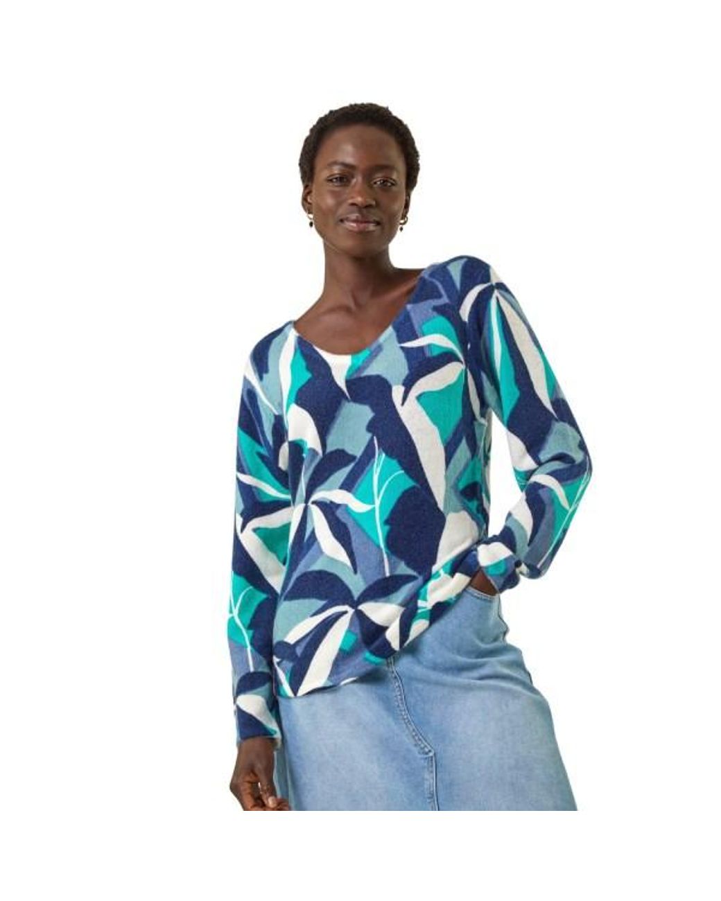 Roman Blue Abstract V-Neck Knit Jumper