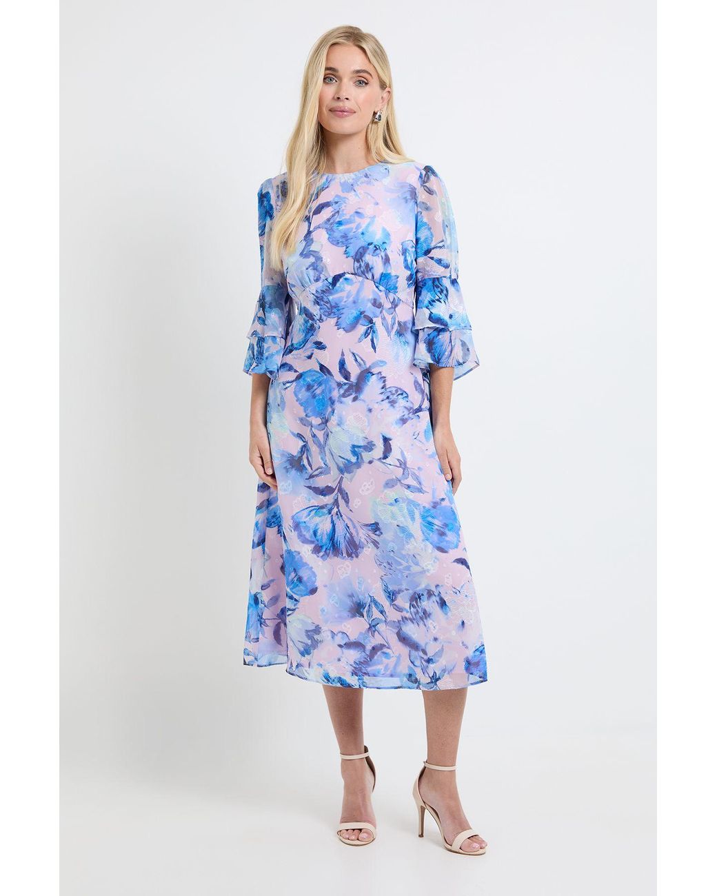 Wallis Blue Petite Floral Burn Out Ruffle Sleeve Midi Dress