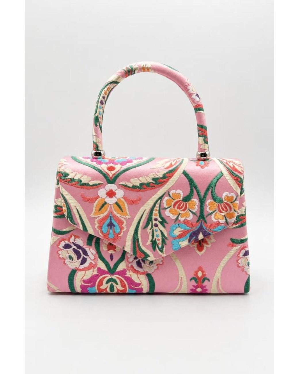 SVNX Pink Floral Satin Embroidered Top Handle Bag