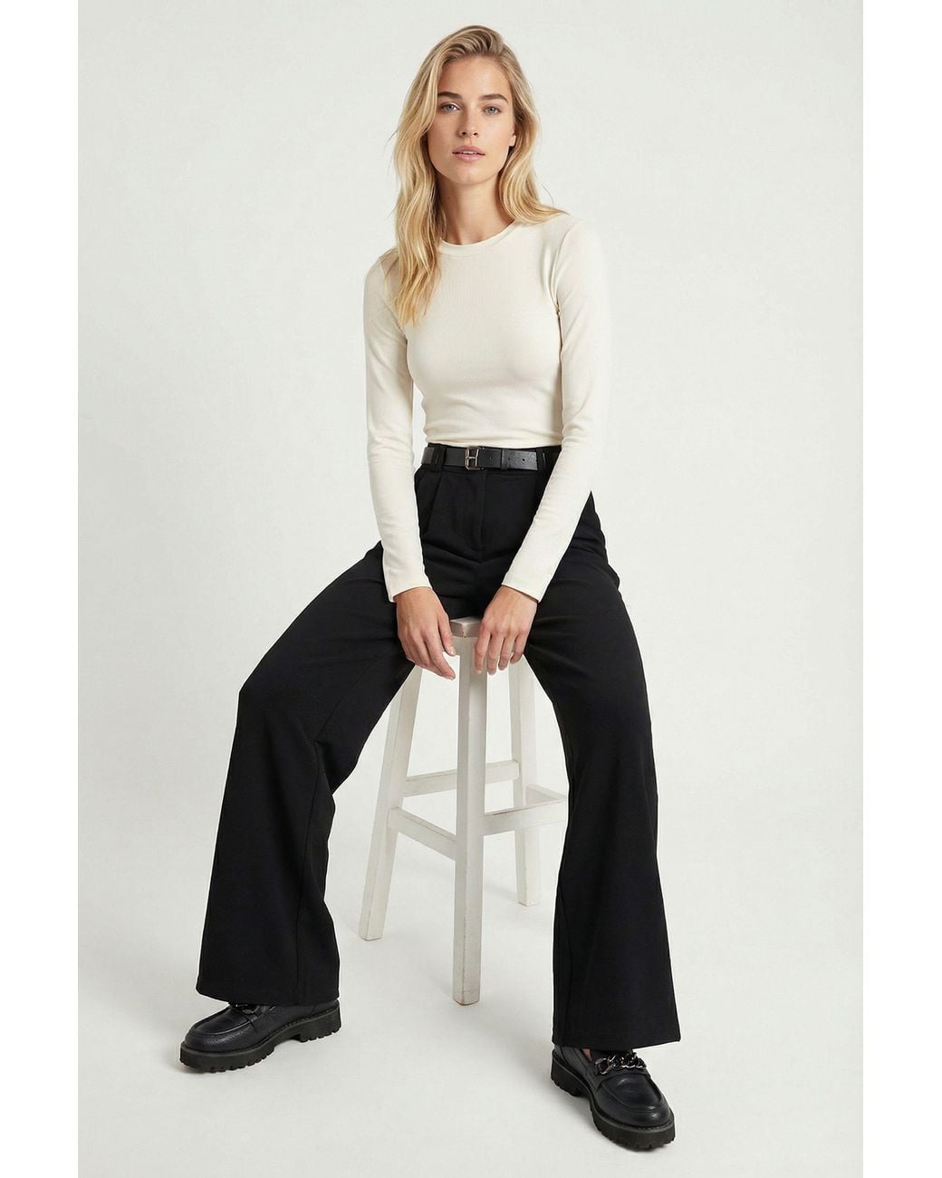 Happiness İstanbul White High Waist Wide Leg Trousers With Buckle