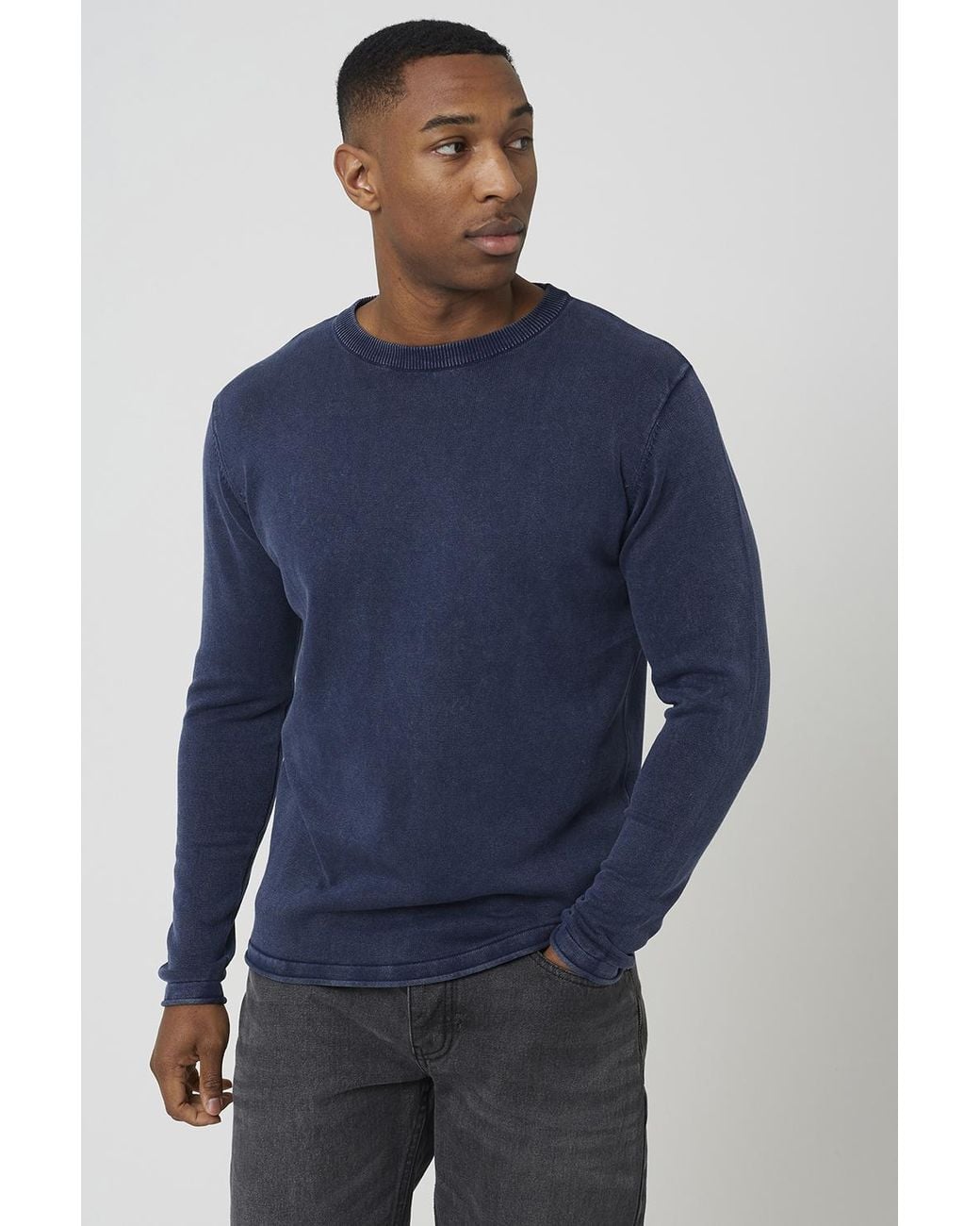 Brave Soul Blue Acid Wash Crew Neck Jumper for men