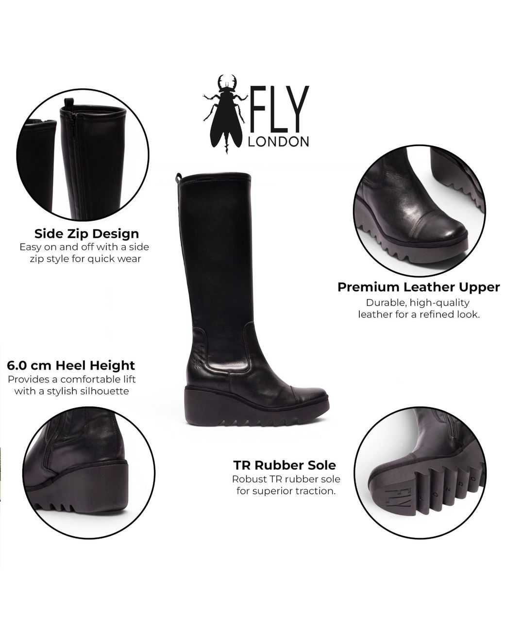 Fly London Black Leather High Wedge Heel Long Boots
