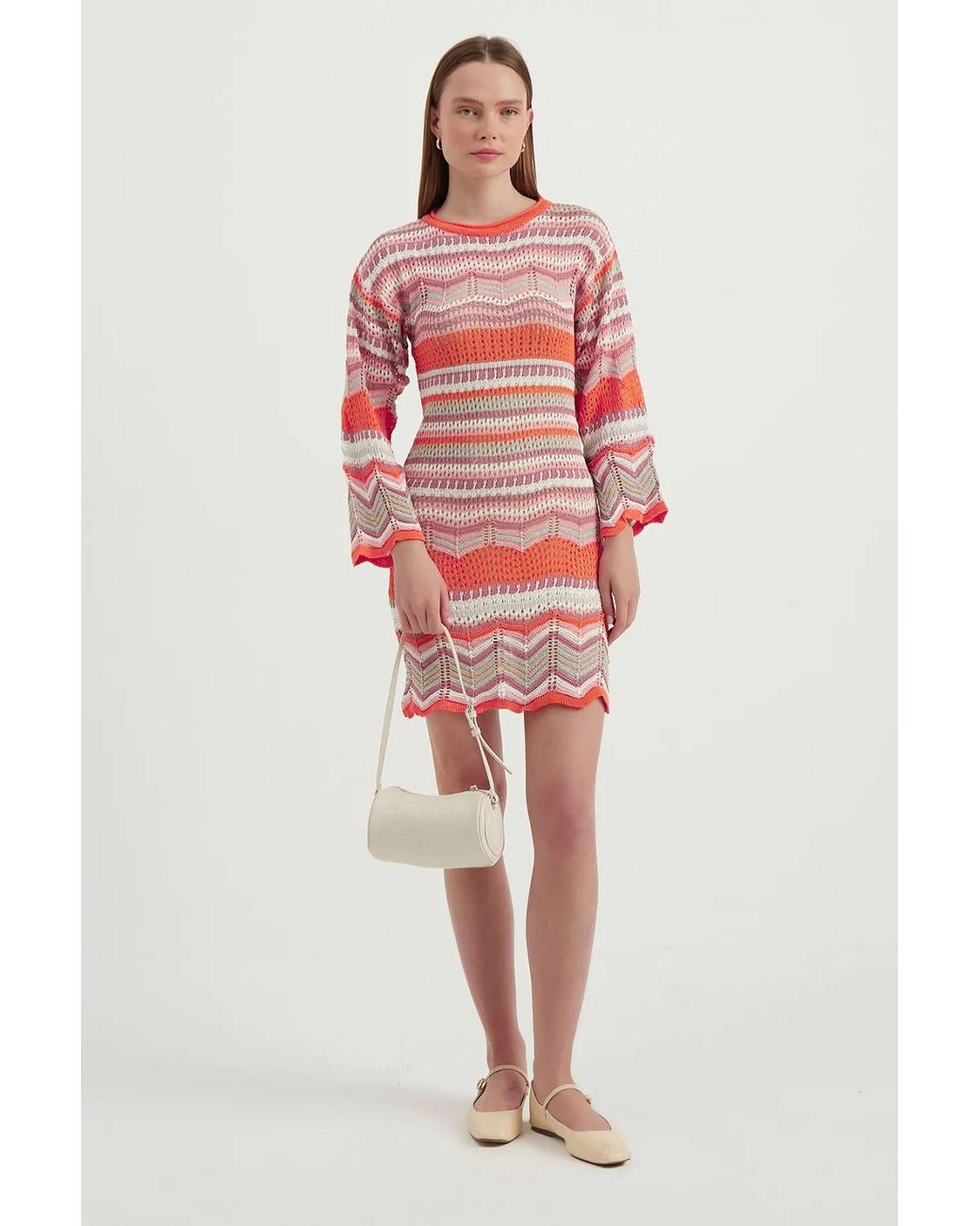 Hiccup Red Geometric Crew Neck Crochet Bell Sleeves Mini Dress