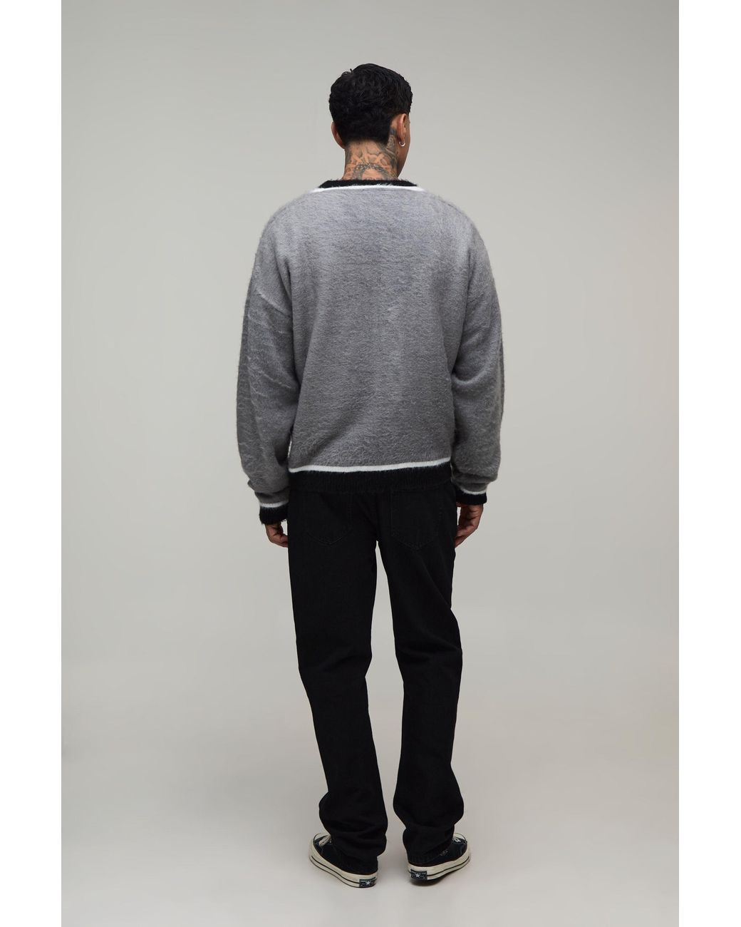 BoohooMAN Gray Tall Relaxed Boxy Contrast Brushed Knitted Cardigan for men