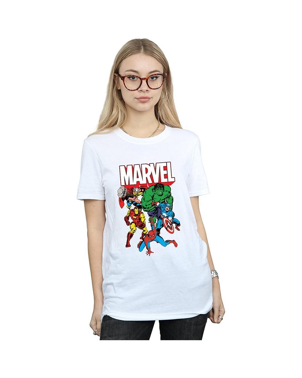 Marvel White Ladies Hero Group Cotton Boyfriend T-Shirt