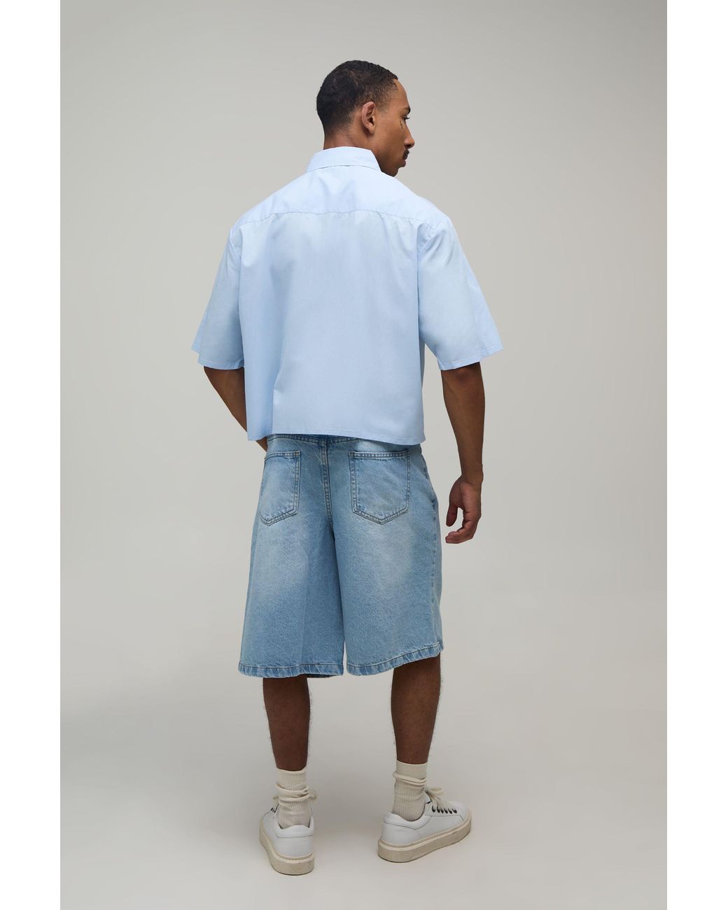 BoohooMAN Blue Oversized Crop Half Sleeve Frog Fastening Shirt for men