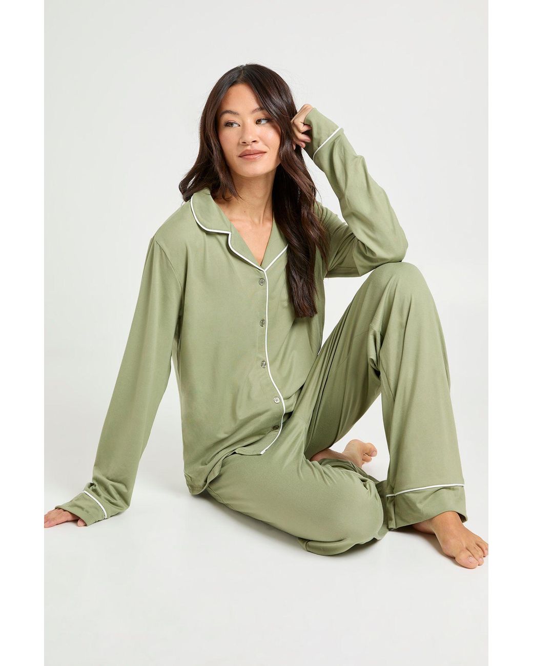 Boohoo Green Tall Jersey Piping Detail Long Sleeve Shirt & Trouser Pyjama Set