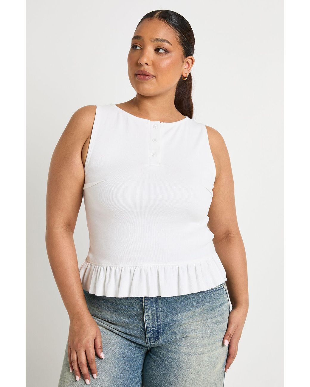 Boohoo White Plus Button Down Ruffle Hem Top