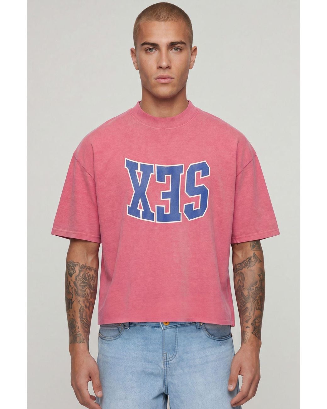 BoohooMAN Red Oversized Boxy Heavyweight Washed Sex Slogan T-Shirt for men