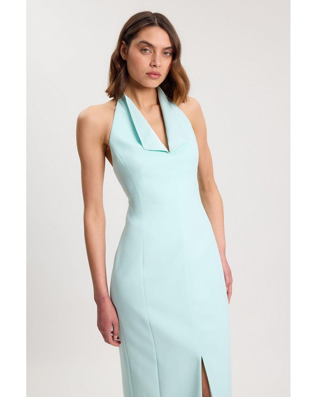 Karen Millen Blue Petite Satin Tux Back Detail Tailored Midi Dress