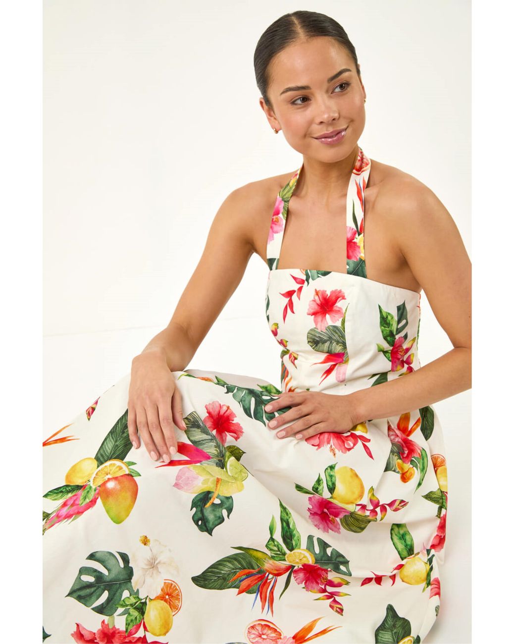 Roman White Petite Tropical Print Strap Midi Dress