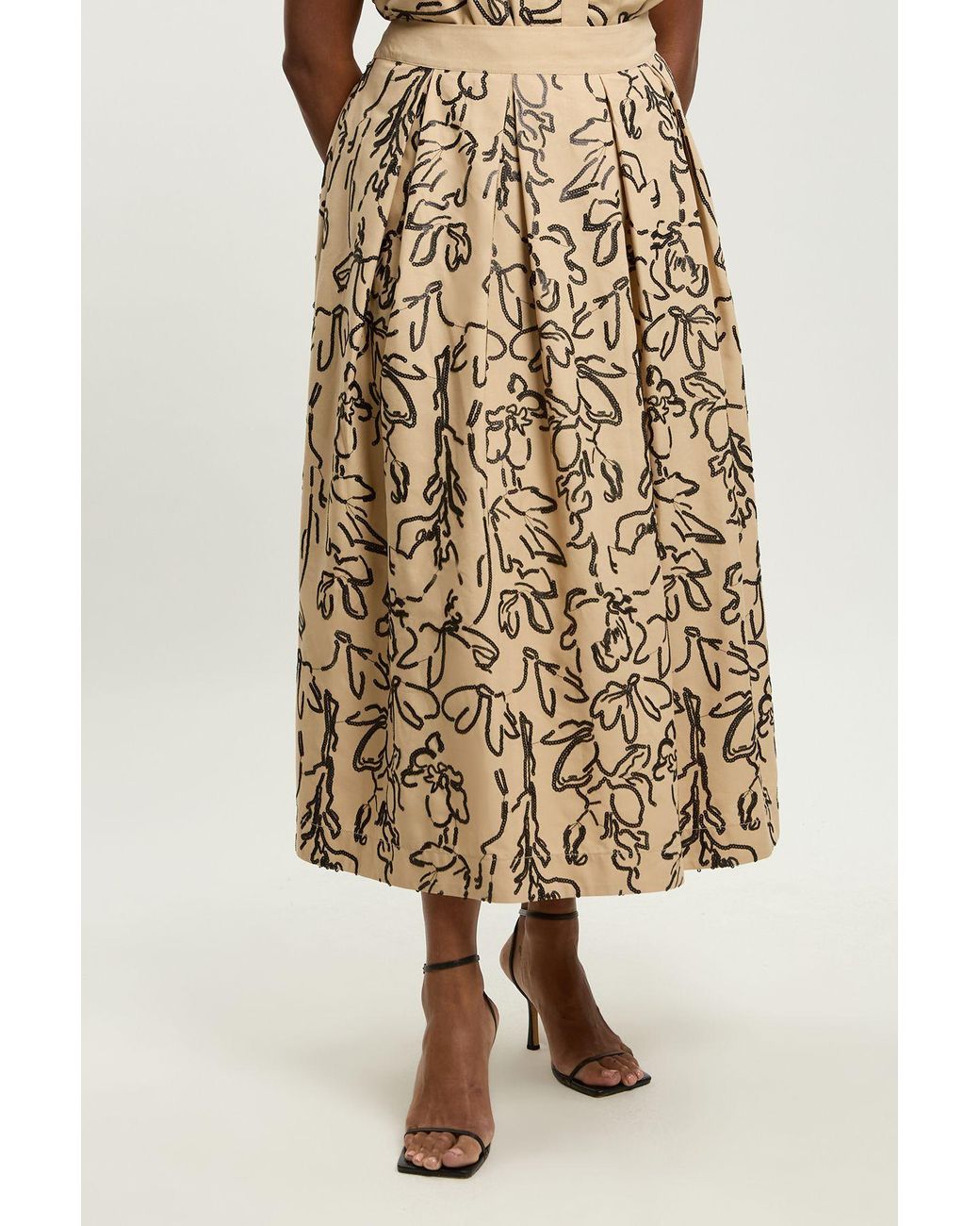 Karen Millen Natural Plus Size Linen Matte Sequin Midi Skirt