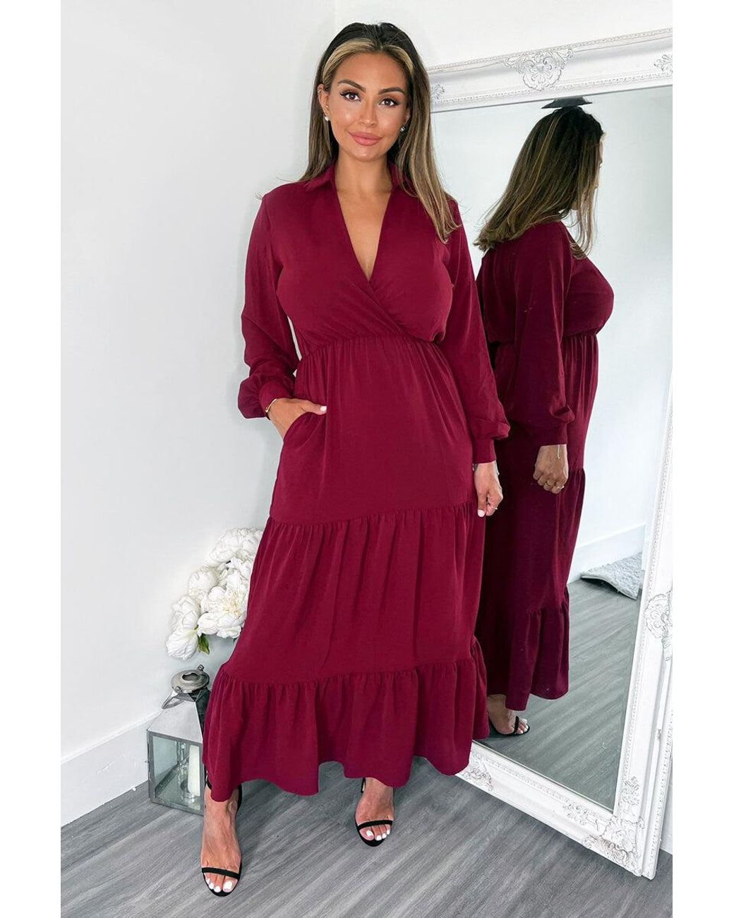 AX Paris Red Long Sleeve Wrap Top Smock Midi Dress