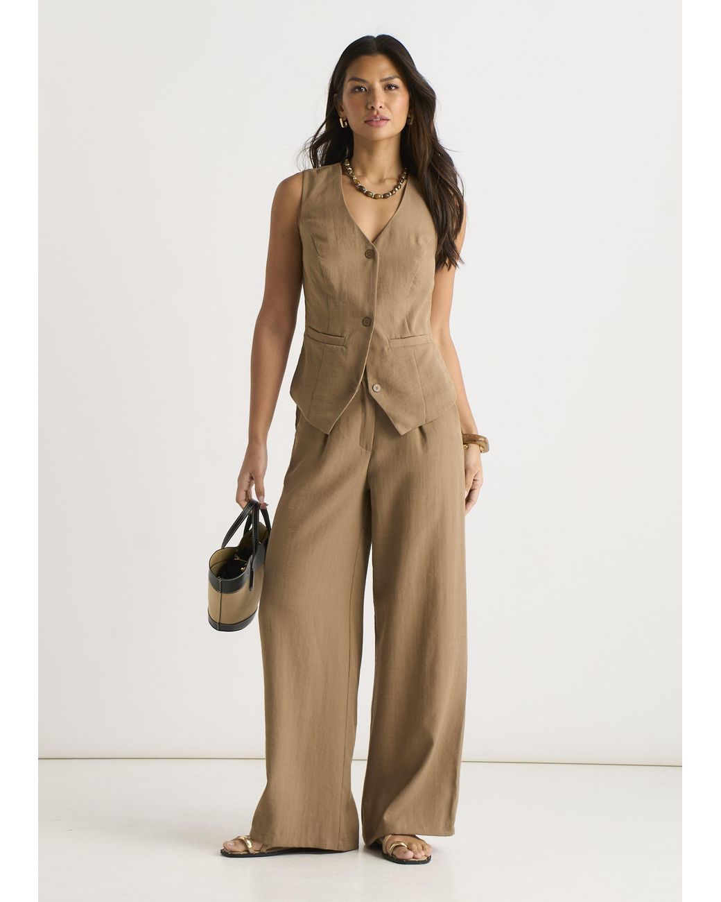 Gini London Natural Tailored Wide Leg Trousers