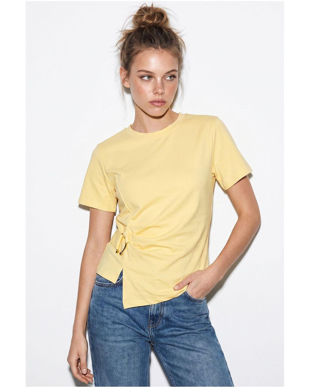 Bianco Lucci Blue Cotton Blend Crew Neck Blouse