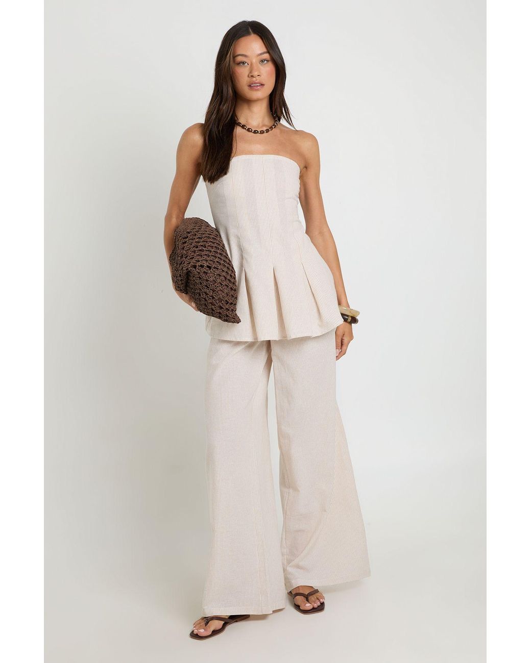 Boohoo Natural Tall Stripe Linen Look Bandeau And Wide Leg Trouser Co-Ord