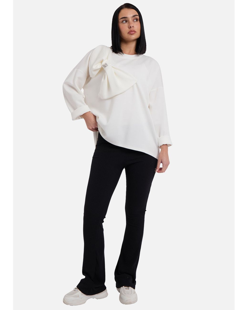 Gini London White Side Contrast Bow Oversized Jumper Top