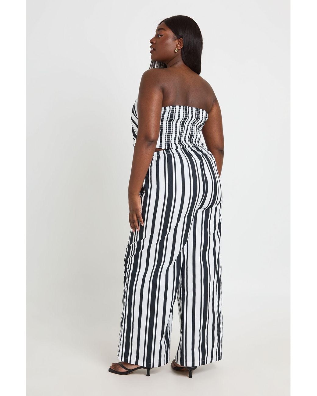 Boohoo White Plus Stripe Scarf Detail Top & Elasticated Waistband Wide Leg Trouser