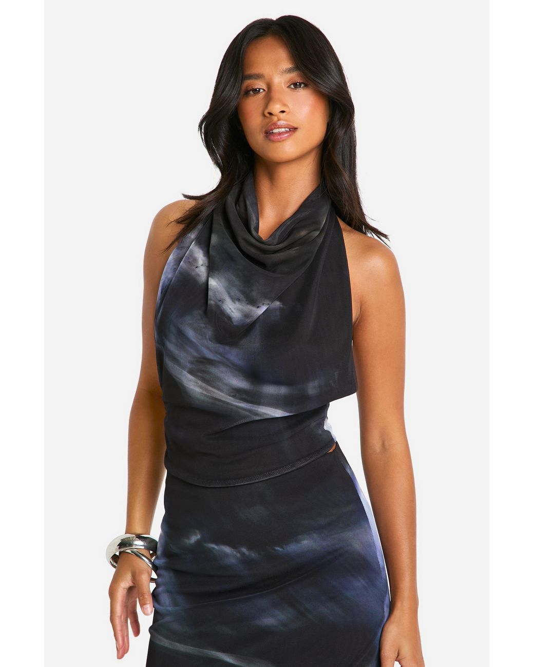 Boohoo Blue Petite Abstract Print Mesh Cowl Top