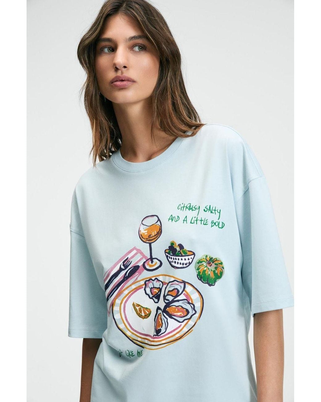 Grimelange Blue Oversized Printed Crew Neck T-Shirt