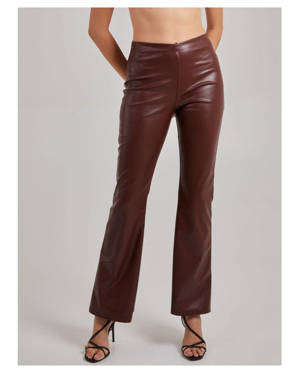 Pink Vanilla Brown Flare Leather Look Trousers