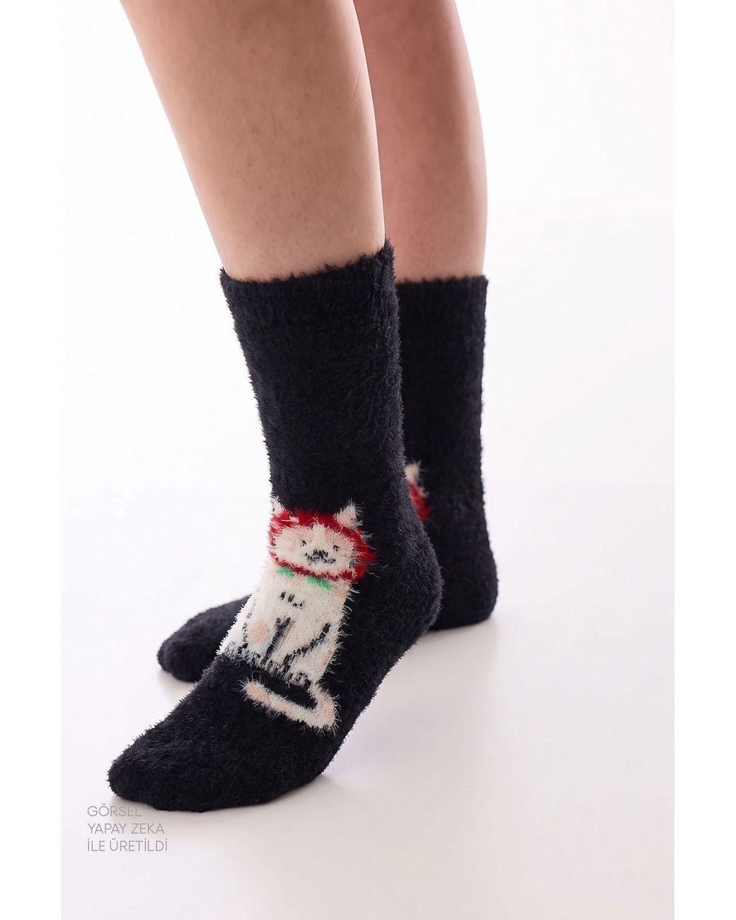 Penti Black Happy Cat Cat Pattern Crew Socks