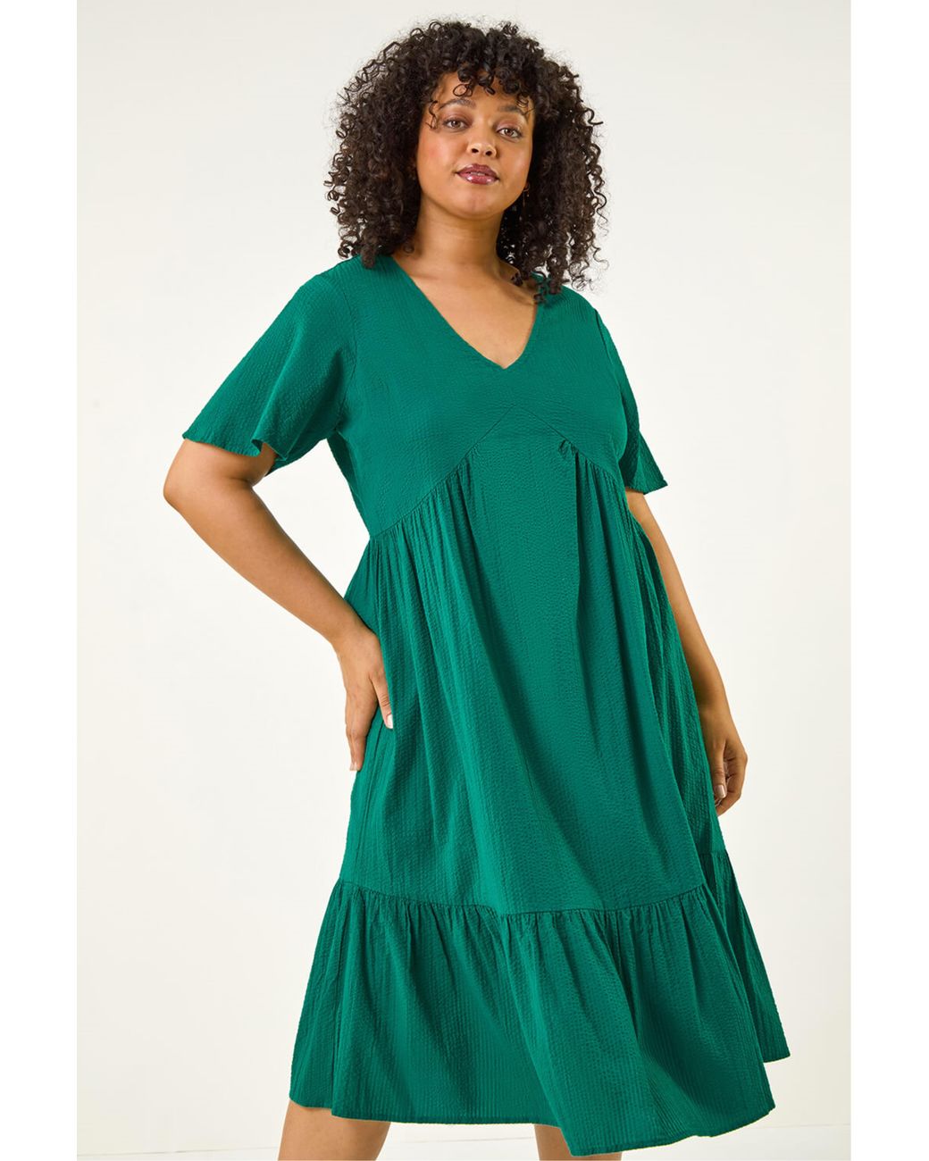 Roman Green Curve Textured V-Neck Midi Dress