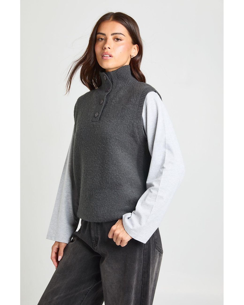 Boohoo Gray High Neck Button Detail Sleeveless Vest
