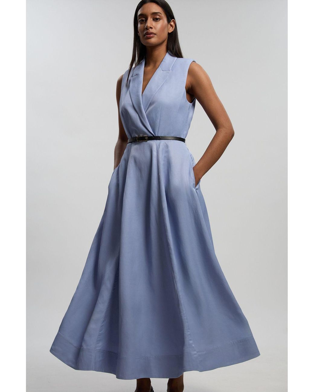 Karen Millen Blue Premium Viscose Linen Tailored Belted Full Skirted Midi Dress