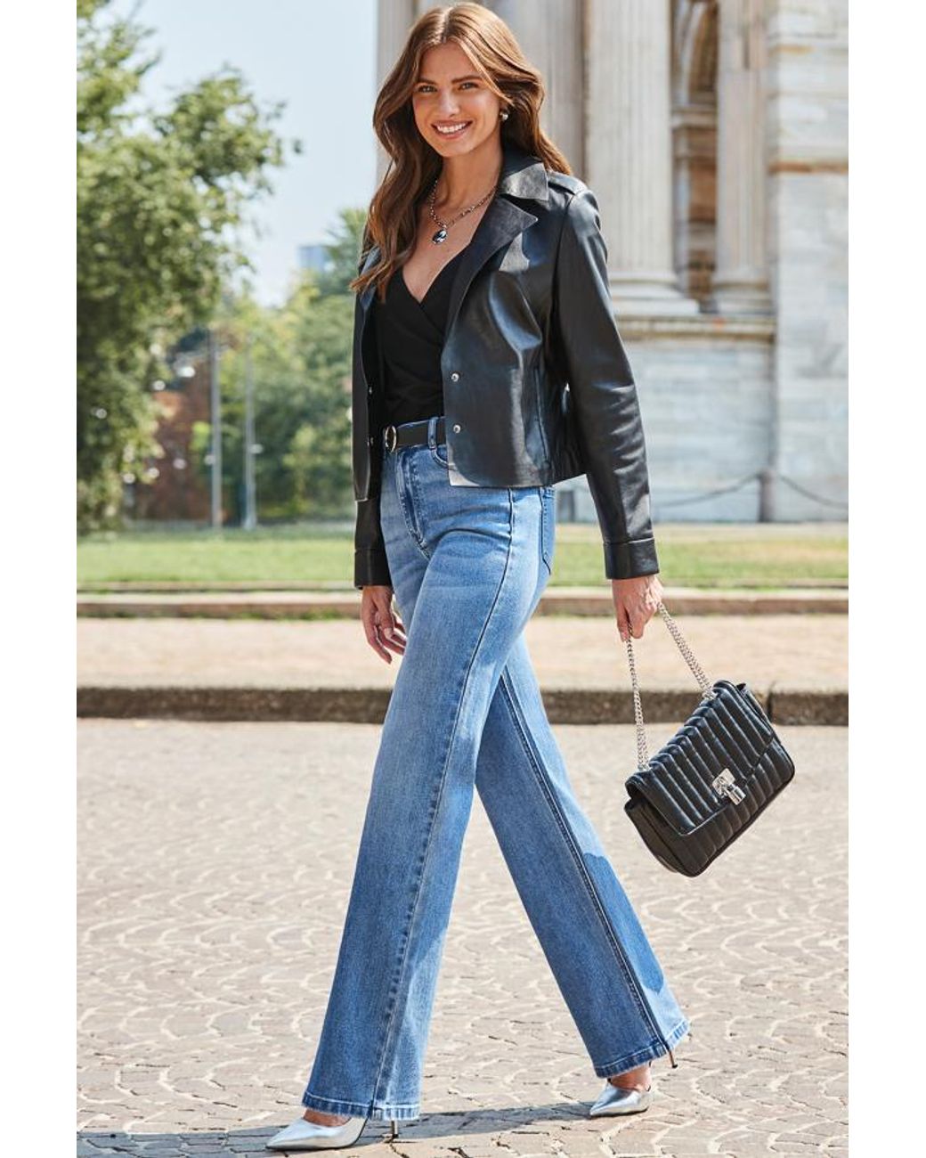 Sosandar Black Relaxed Fit Leather Biker Jacket