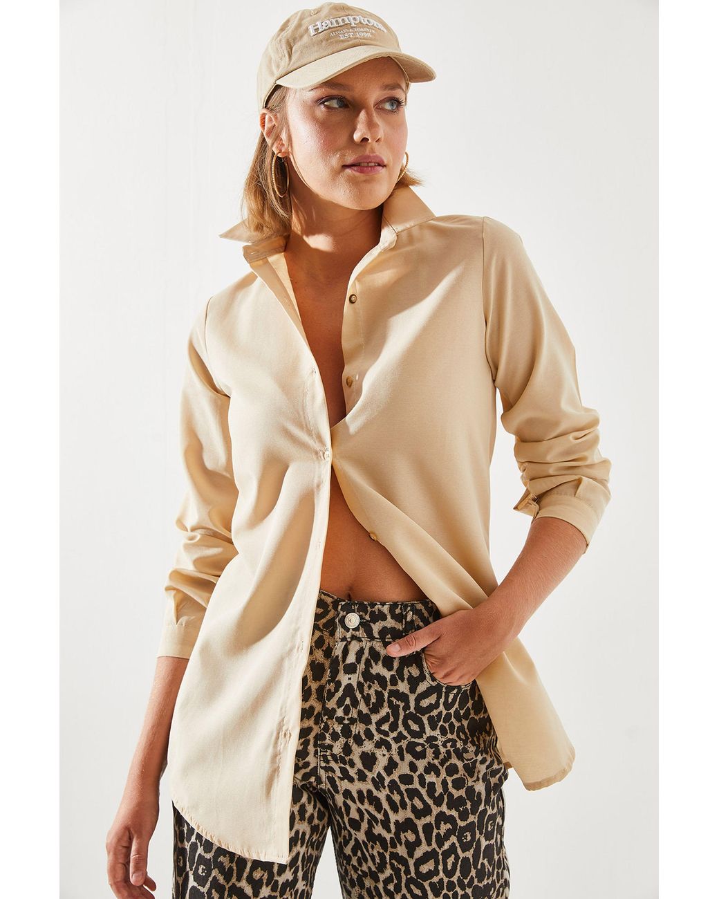 Bianco Lucci Natural Poplin Button-Up Shirt