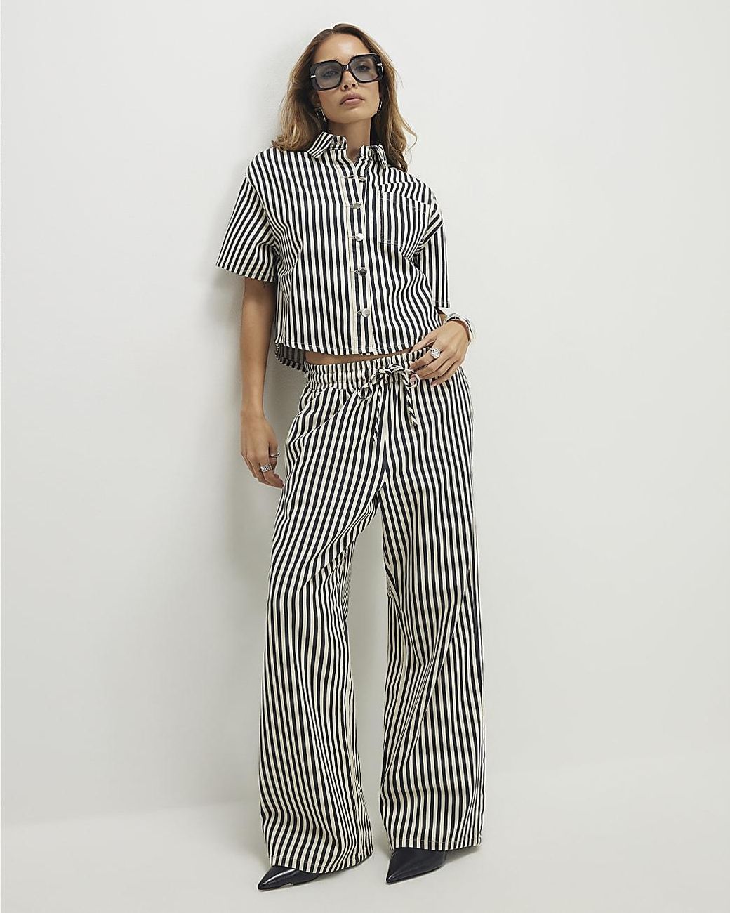 River Island White Wide Leg Jeans Striped Drawstring Cotton