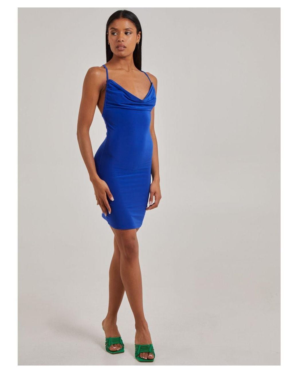 Pink Vanilla Blue Cowl Neck Slinky Mini Dress
