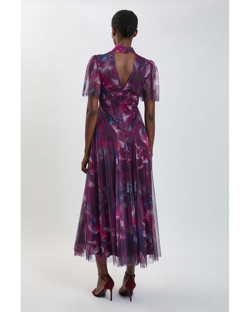 Karen Millen Purple Blurred Floral Cross Detail Tulle Maxi Dress