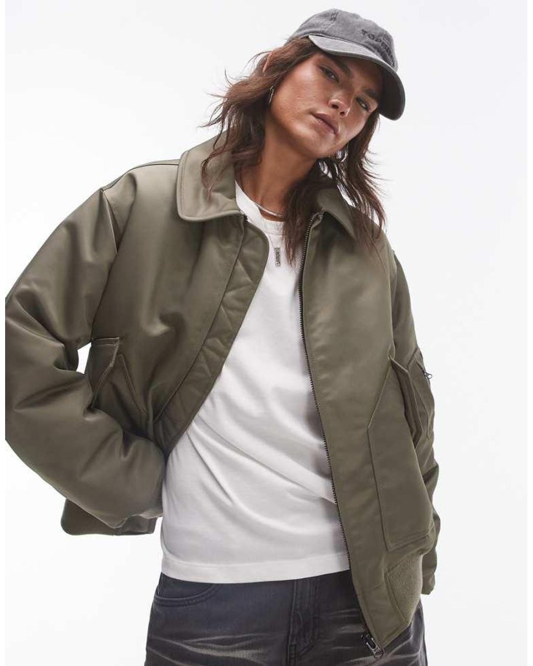 TOPSHOP Gray Twill Nylon Bomber Jacket