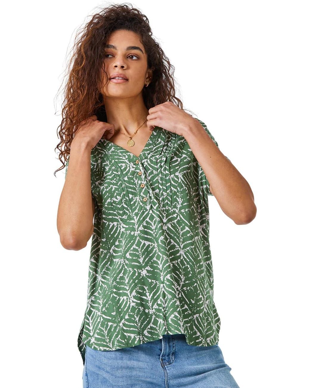 Roman Green Abstract Print Button Detail Top