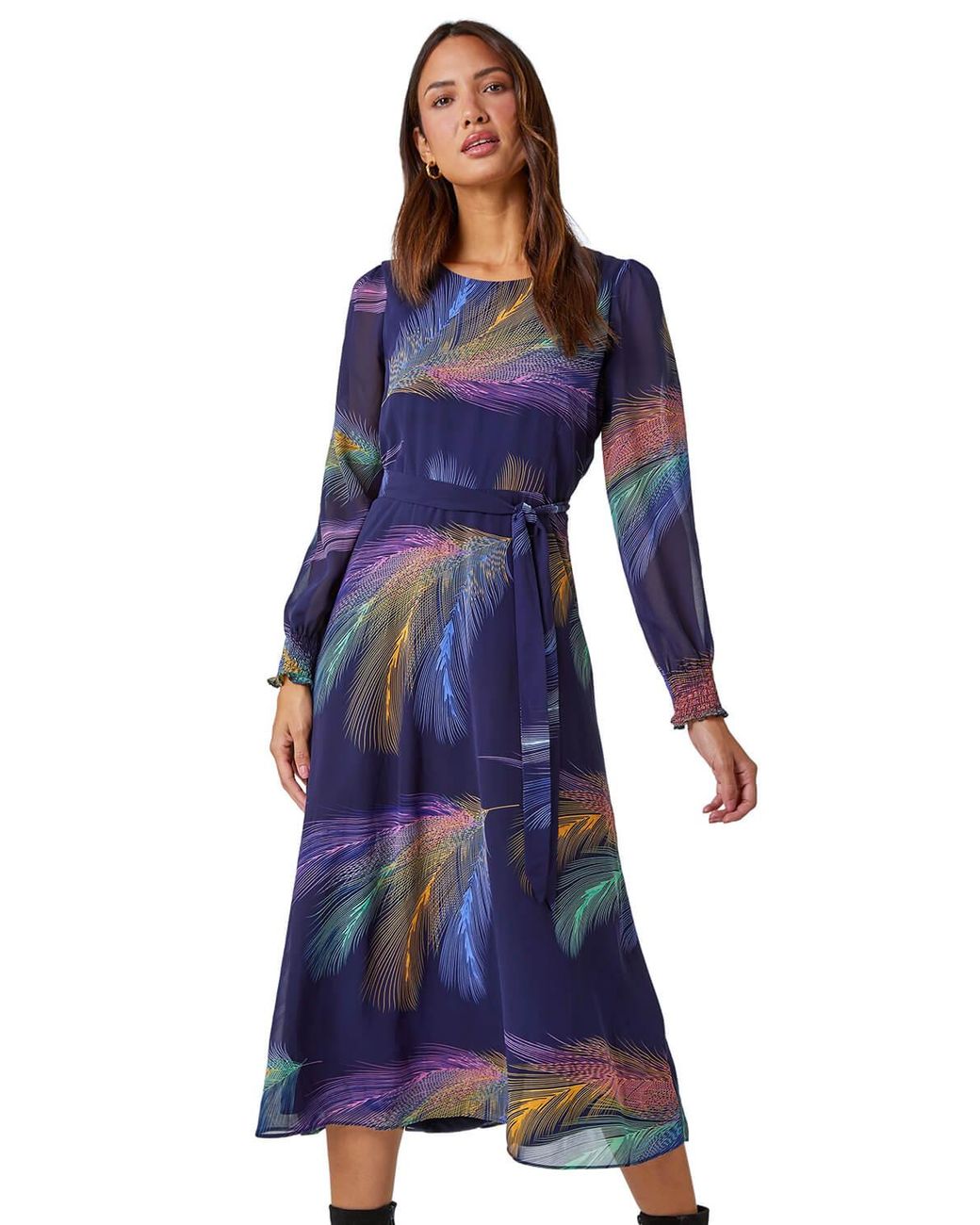 Roman Blue Feather Print Belted Midi Dress