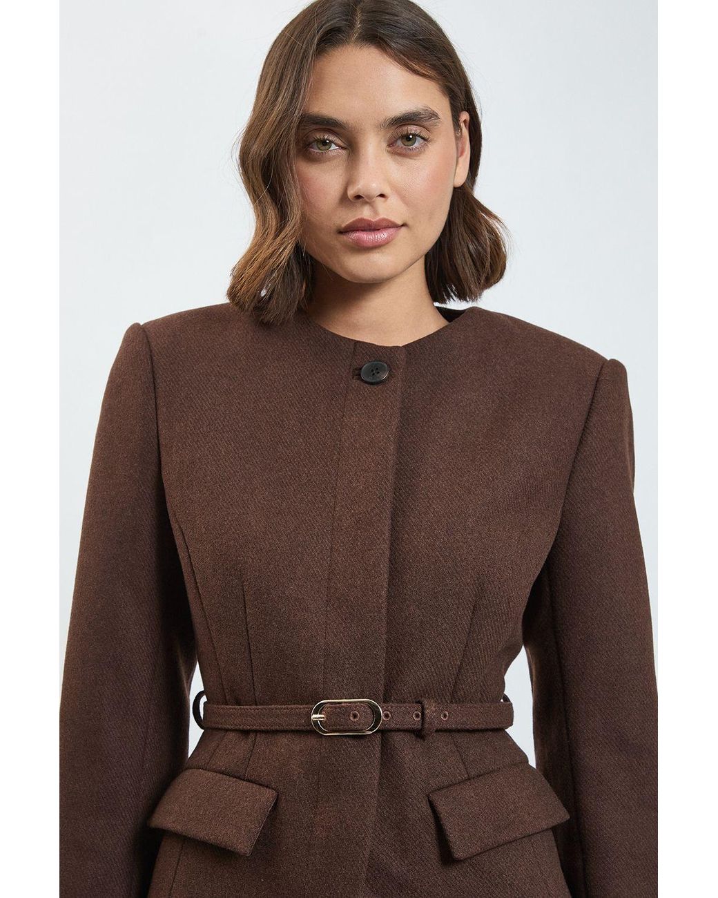 Karen Millen Brown Wool Blend Belted Collarless Tailored Coat