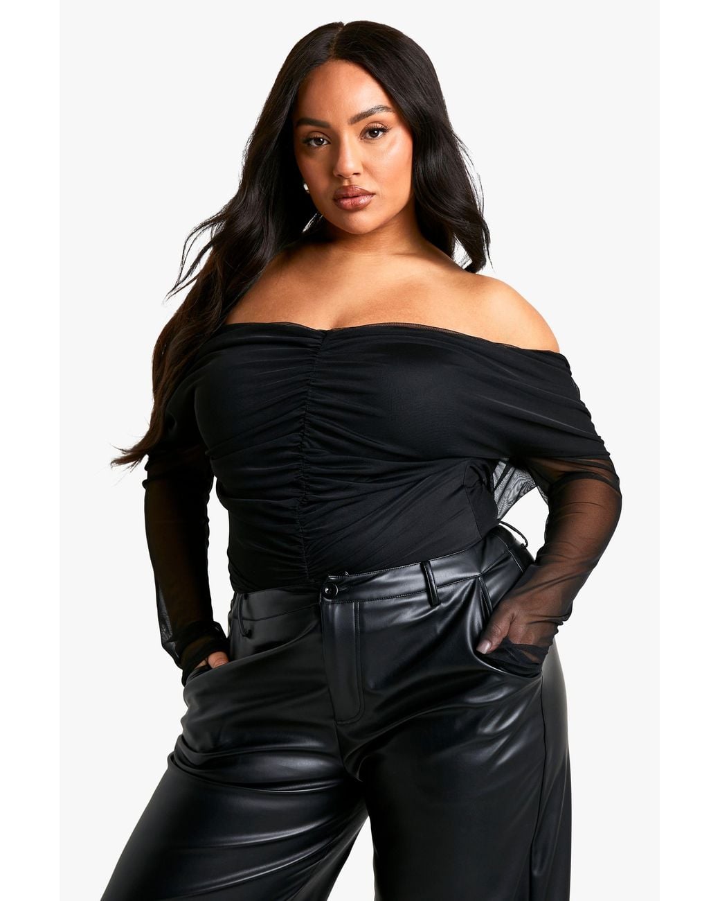 Boohoo Black Plus Ruched Front Bardot Long Sleeve Top