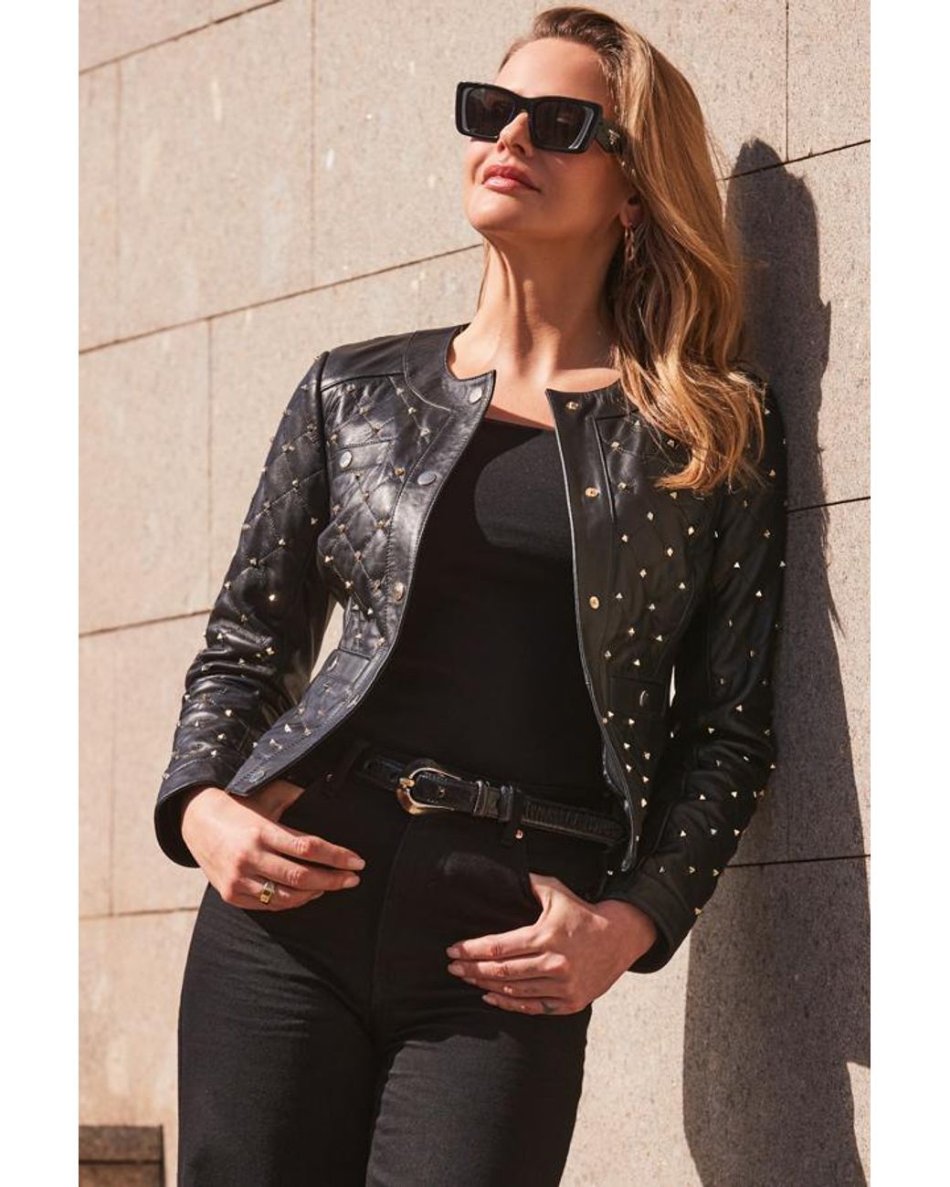 Sosandar Brown Studded Detail Collarless Leather Jacket
