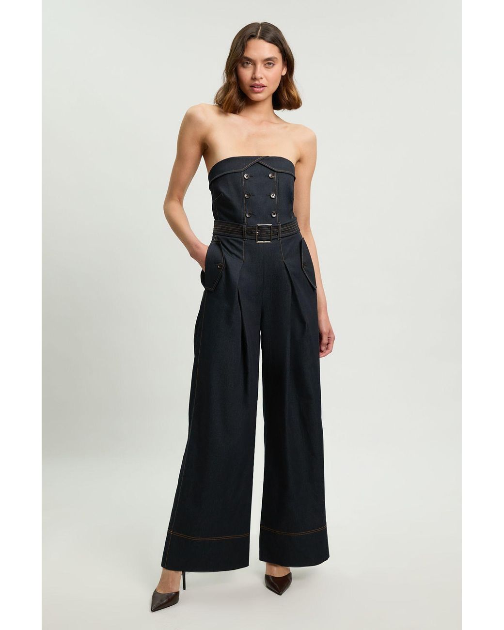Karen Millen Blue Petite Tailored Denim Trench Bandeau Jumpsuit
