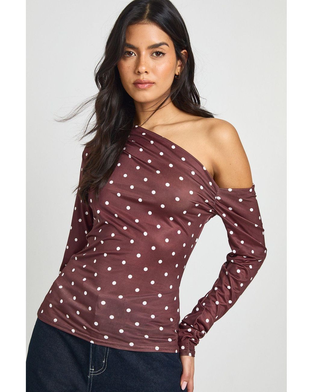 Boohoo Brown Polka Dot One Shoulder Top