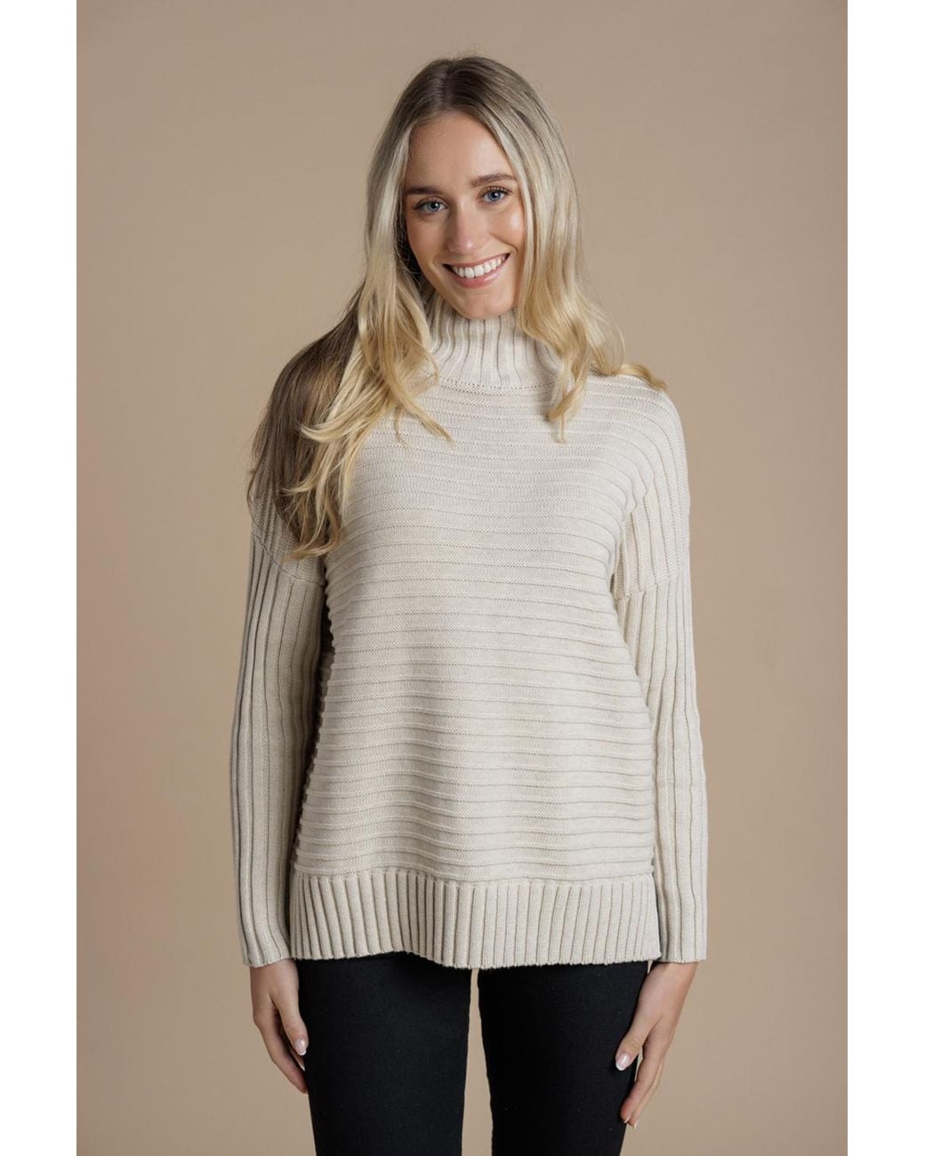 French Connection Natural Cotton Ribbed Knit High Neck Jumper