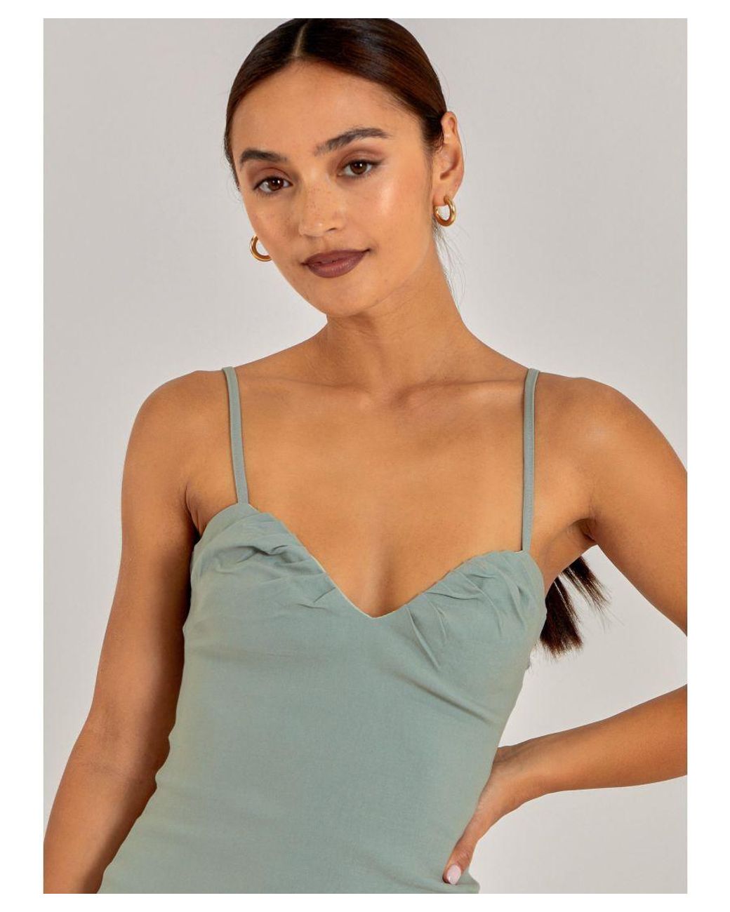 Pink Vanilla Green Notch Front Bengaline Bodycon Dress