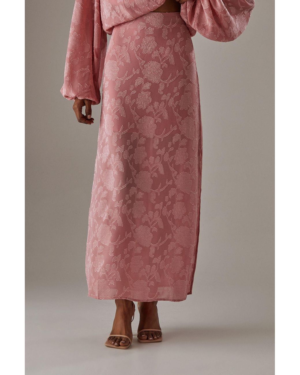 Warehouse Pink Chiffon Jacquard Bias Maxi Skirt